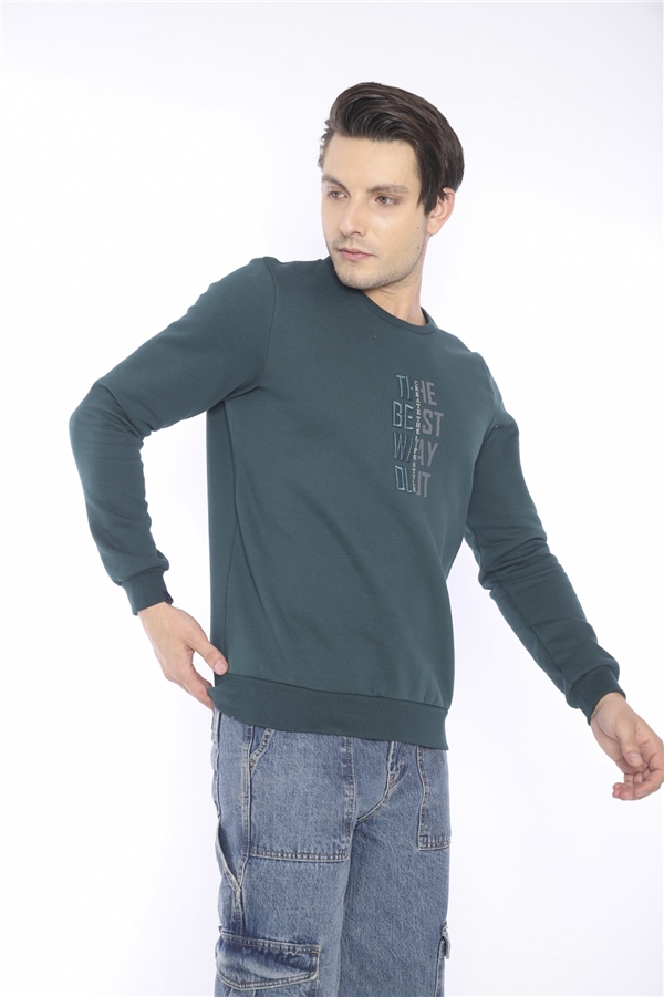 Escetic Yeşil Erkek Kışlık Slimfit 3 İplik İçi Polarlı Nefes Alabilen Spor Sweatshirt 0940