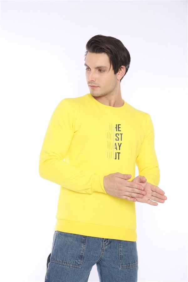 Escetic Sarı Erkek Kışlık Slimfit 3 İplik İçi Polarlı Nefes Alabilen Spor Sweatshirt 0940