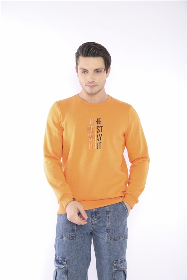 Escetic Oranj Erkek Kışlık Slimfit 3 İplik İçi Polarlı Nefes Alabilen Spor Sweatshirt 0940