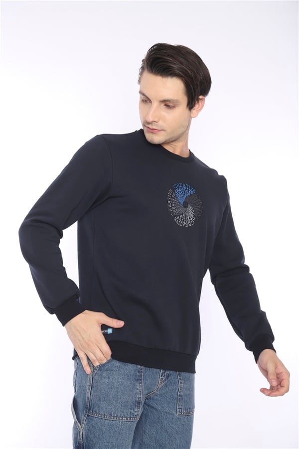 Escetic Lacivert Erkek Kışlık Slimfit 3 İplik İçi Polarlı Nefes Alabilen Spor Sweatshirt 0939