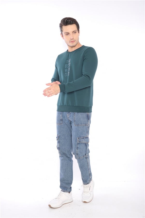 Escetic Yeşil Erkek Kışlık Slimfit 3 İplik İçi Polarlı Nefes Alabilen Spor Sweatshirt 0940