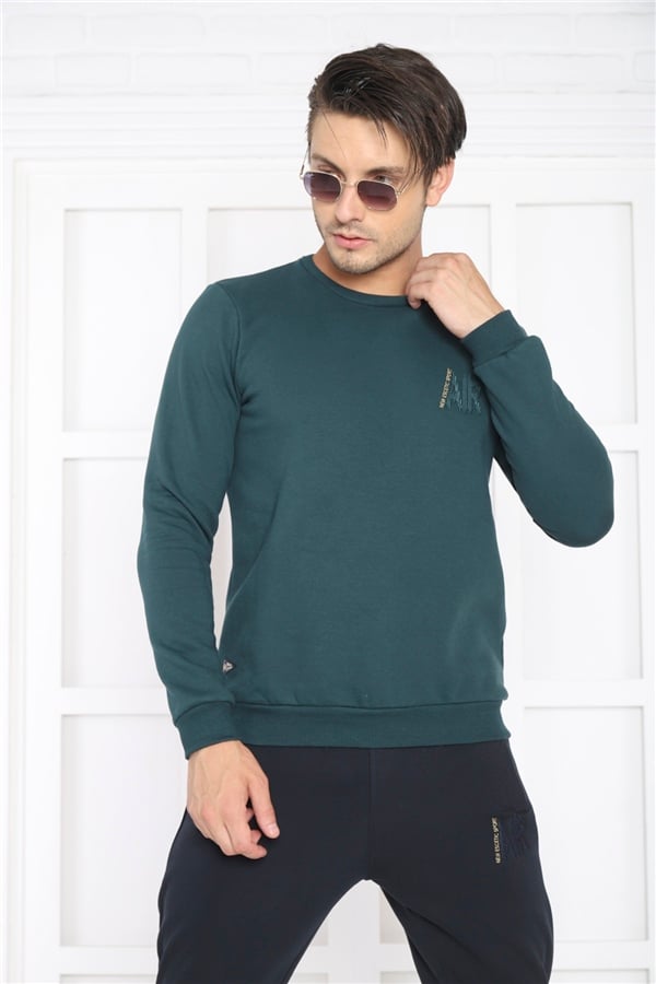 Escetic Yeşil Erkek 3 İplik Şardonlu Nefes Alan Slimfit Sweat Spor Eşofman Takımı 3078