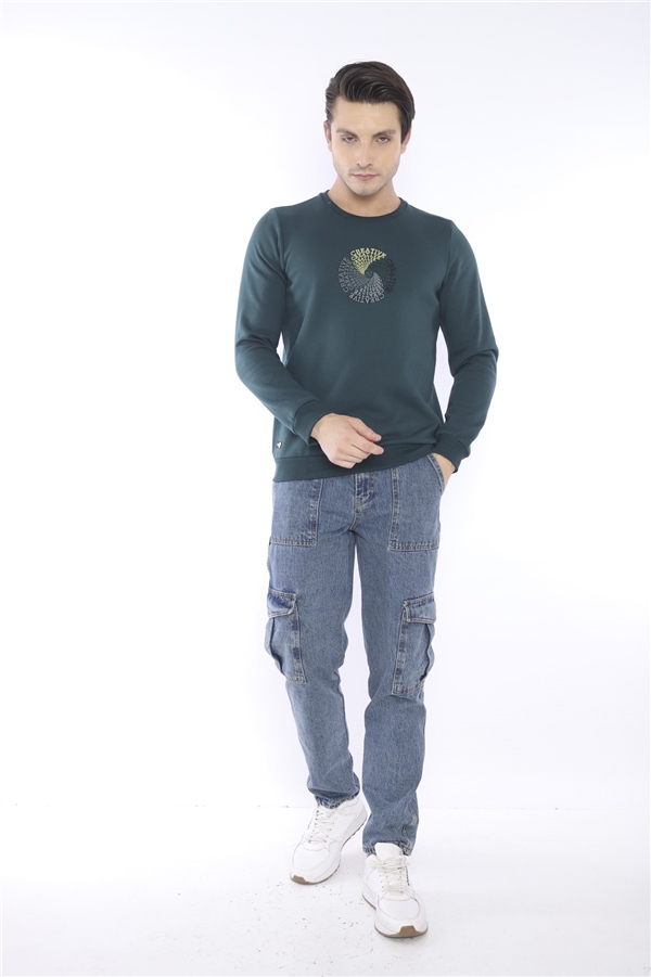 Escetic Yeşil Erkek Kışlık Slimfit 3 İplik İçi Polarlı Nefes Alabilen Spor Sweatshirt 0939