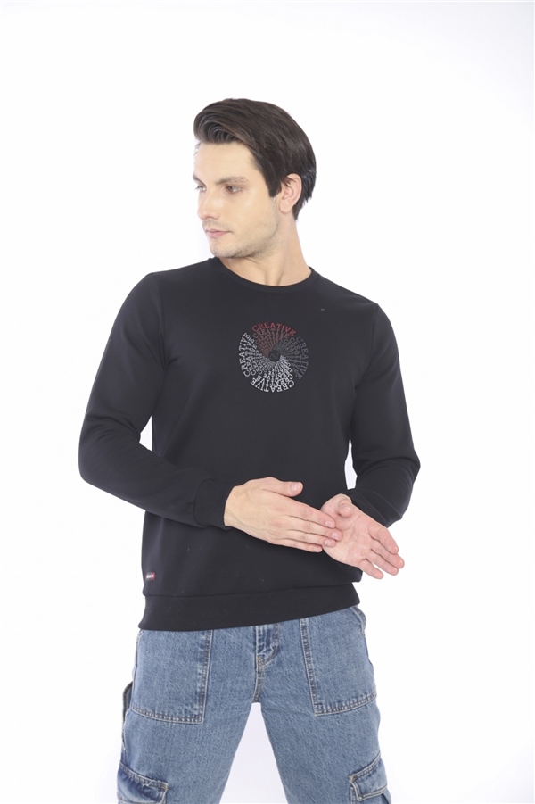 Escetic Siyah Erkek Kışlık Slimfit 3 İplik İçi Polarlı Nefes Alabilen Spor Sweatshirt 0939