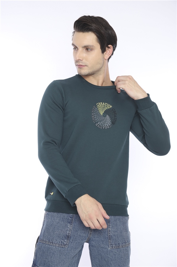 Escetic Yeşil Erkek Kışlık Slimfit 3 İplik İçi Polarlı Nefes Alabilen Spor Sweatshirt 0939