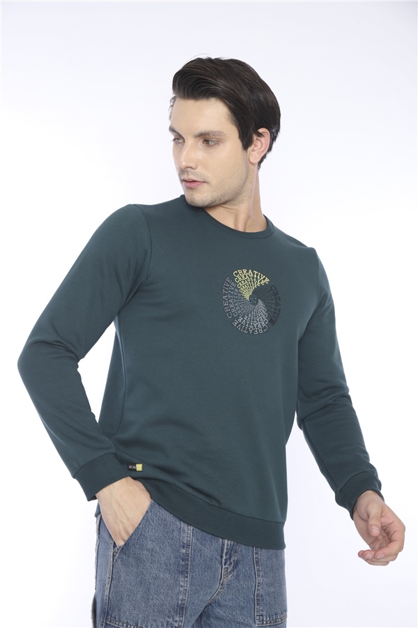 Escetic Yeşil Erkek Kışlık Slimfit 3 İplik İçi Polarlı Nefes Alabilen Spor Sweatshirt 0939