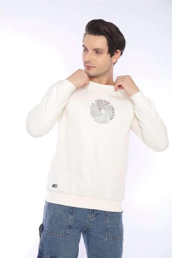 Escetic Ekru Erkek Kışlık Slimfit 3 İplik İçi Polarlı Nefes Alabilen Spor Sweatshirt 0939