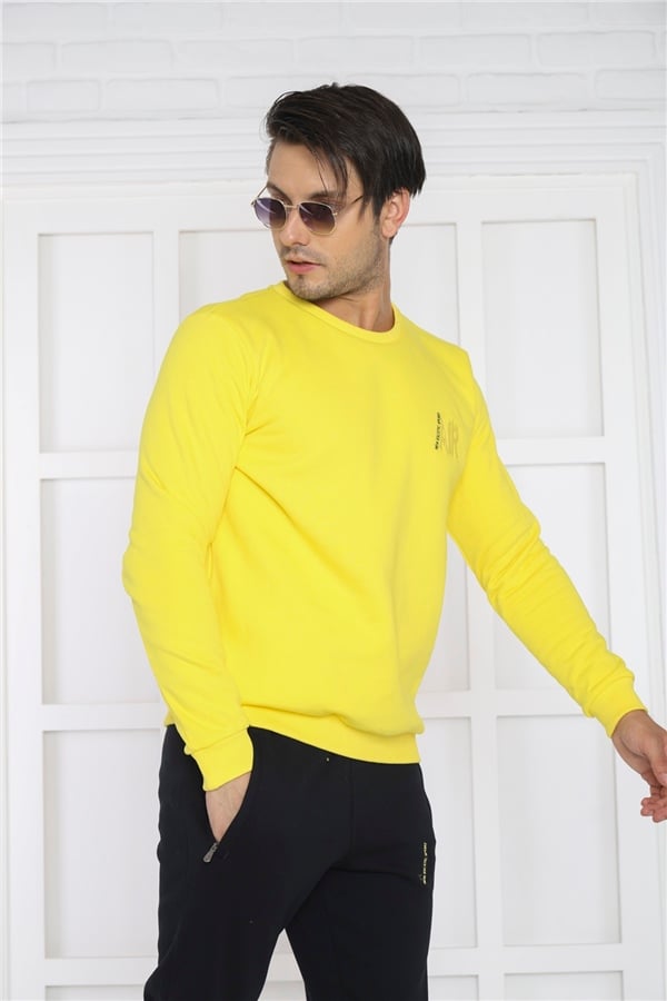 Escetic Sarı Erkek 3 İplik Şardonlu Nefes Alan Slimfit Sweat Spor Eşofman Takımı 3078