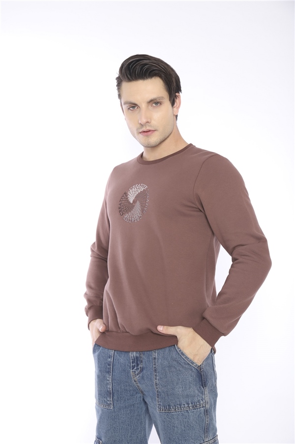 Escetic Kahve Erkek Kışlık Slimfit 3 İplik İçi Polarlı Nefes Alabilen Spor Sweatshirt 0939
