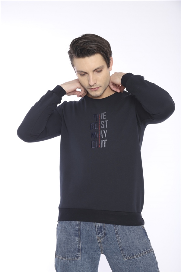 Escetic Lacivert Erkek Kışlık Slimfit 3 İplik İçi Polarlı Nefes Alabilen Spor Sweatshirt 0940
