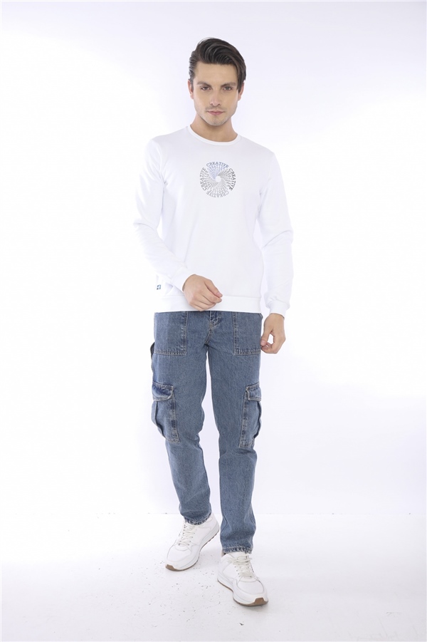 Escetic Beyaz Erkek Kışlık Slimfit 3 İplik İçi Polarlı Nefes Alabilen Spor Sweatshirt 0939