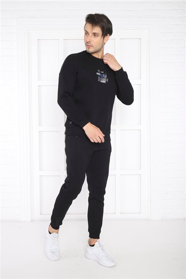 Escetic Siyah Erkek 3 İplik Şardonlu Nefes Alan Slimfit Sweat Spor Eşofman Takımı 3079