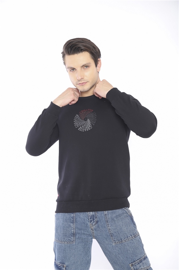 Escetic Siyah Erkek Kışlık Slimfit 3 İplik İçi Polarlı Nefes Alabilen Spor Sweatshirt 0939
