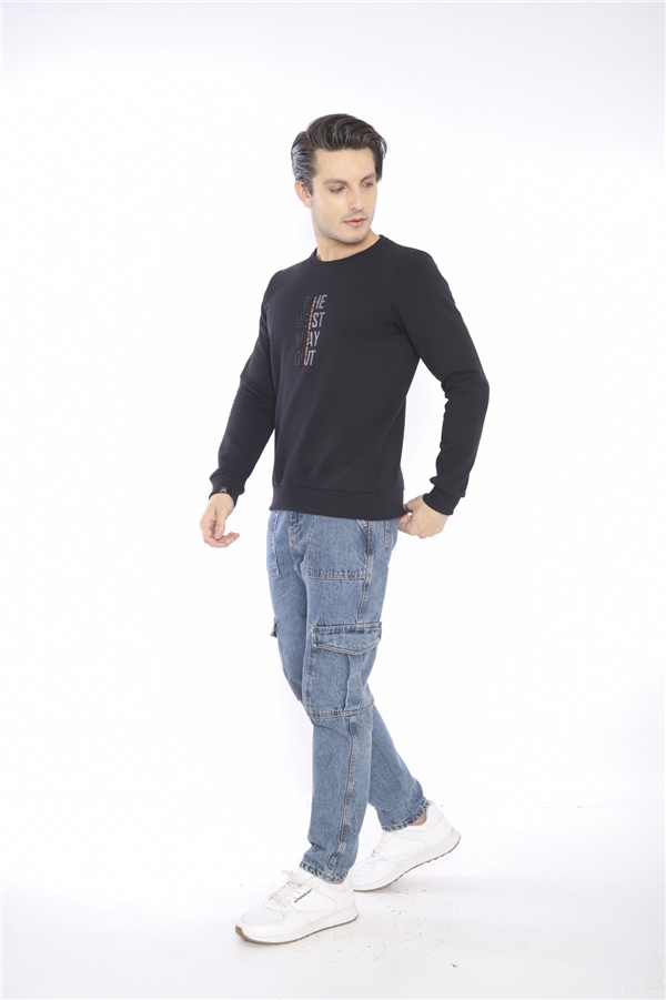 Escetic Siyah Erkek Kışlık Slimfit 3 İplik İçi Polarlı Nefes Alabilen Spor Sweatshirt 0940