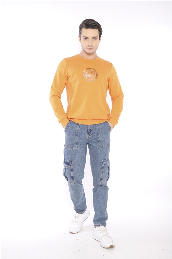 Escetic Orange Erkek Kışlık Slimfit 3 İplik İçi Polarlı Nefes Alabilen Spor Sweatshirt 0939