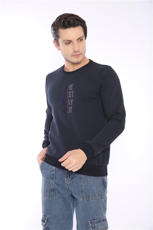 Escetic Lacivert Erkek Kışlık Slimfit 3 İplik İçi Polarlı Nefes Alabilen Spor Sweatshirt 0940
