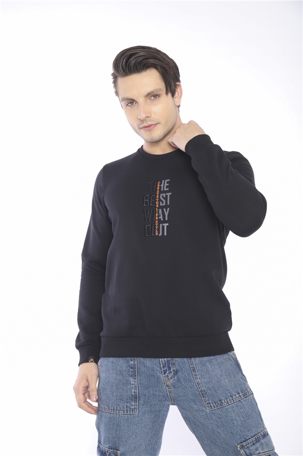Escetic Siyah Erkek Kışlık Slimfit 3 İplik İçi Polarlı Nefes Alabilen Spor Sweatshirt 0940
