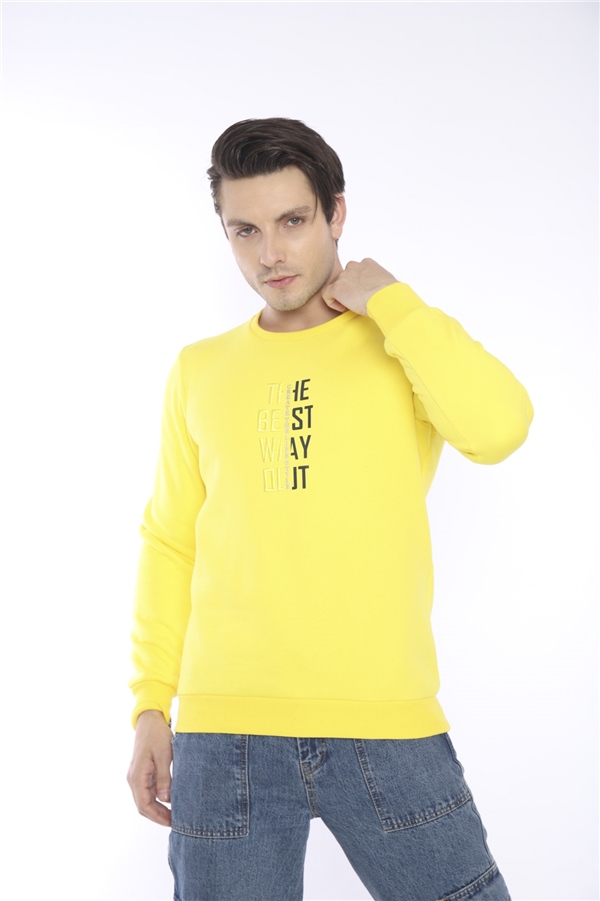 Escetic Sarı Erkek Kışlık Slimfit 3 İplik İçi Polarlı Nefes Alabilen Spor Sweatshirt 0940