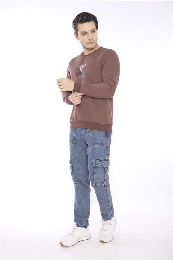 Escetic Kahve Erkek Kışlık Slimfit 3 İplik İçi Polarlı Nefes Alabilen Spor Sweatshirt 0939