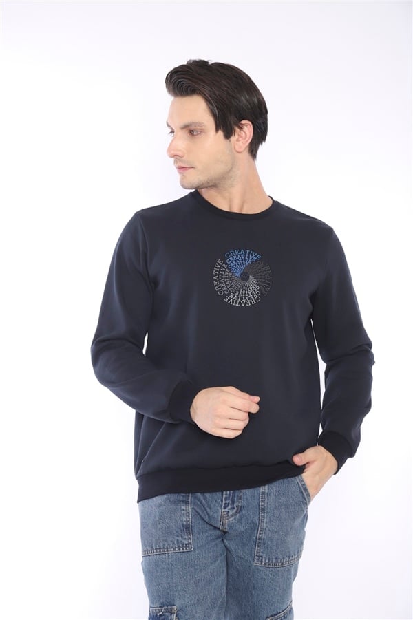Escetic Lacivert Erkek Kışlık Slimfit 3 İplik İçi Polarlı Nefes Alabilen Spor Sweatshirt 0939