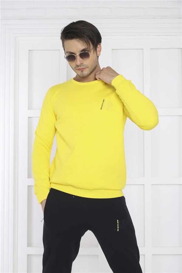 Escetic Sarı Erkek 3 İplik Şardonlu Nefes Alan Slimfit Sweat Spor Eşofman Takımı 3078