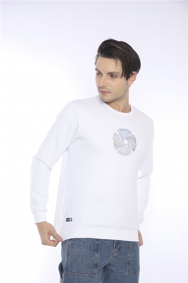 Escetic Beyaz Erkek Kışlık Slimfit 3 İplik İçi Polarlı Nefes Alabilen Spor Sweatshirt 0939