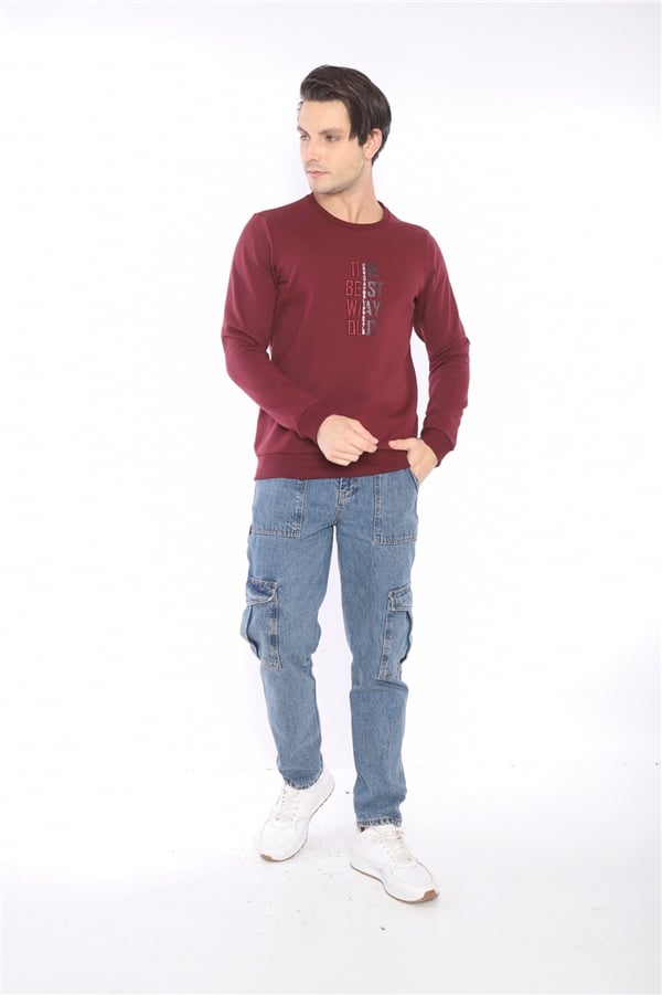 Escetic Bordo Erkek Kışlık Slimfit 3 İplik İçi Polarlı Nefes Alabilen Spor Sweatshirt 0940