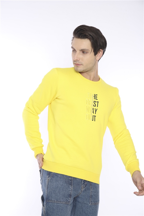 Escetic Sarı Erkek Kışlık Slimfit 3 İplik İçi Polarlı Nefes Alabilen Spor Sweatshirt 0940