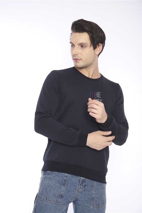 Escetic Lacivert Erkek Kışlık Slimfit 3 İplik İçi Polarlı Nefes Alabilen Spor Sweatshirt 0940