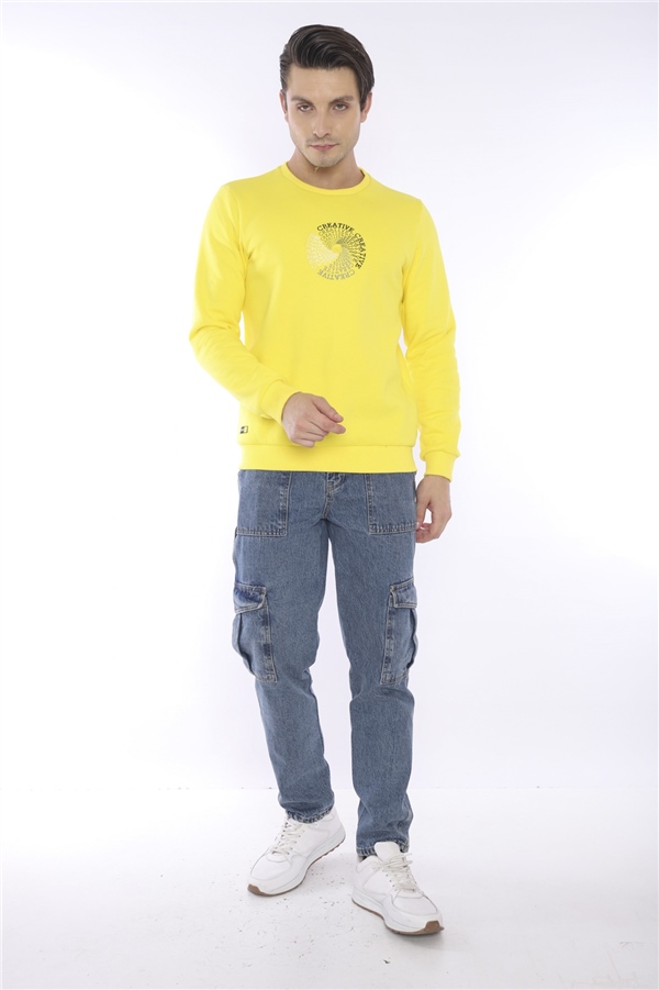 Escetic Sarı Erkek Kışlık Slimfit 3 İplik İçi Polarlı Nefes Alabilen Spor Sweatshirt 0939