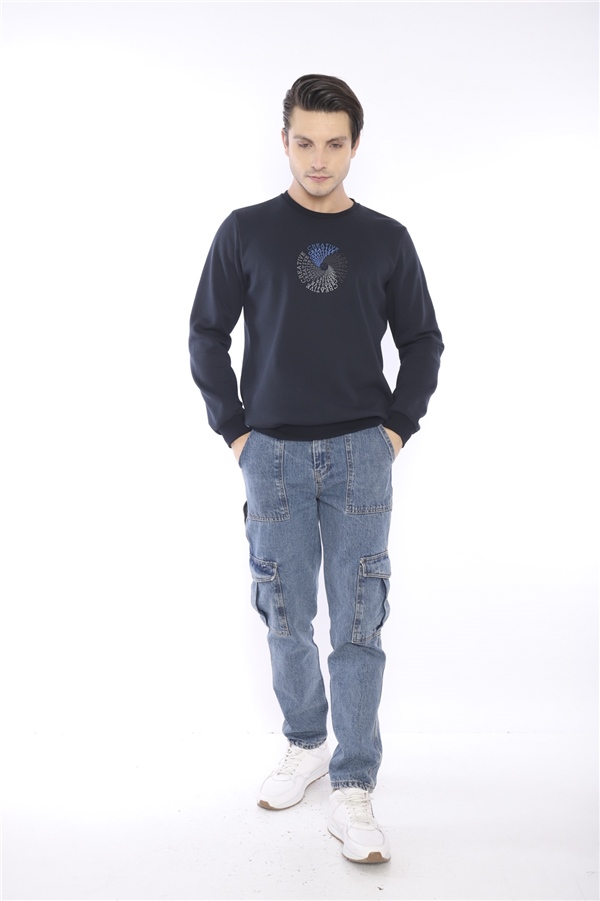 Escetic Lacivert Erkek Kışlık Slimfit 3 İplik İçi Polarlı Nefes Alabilen Spor Sweatshirt 0939