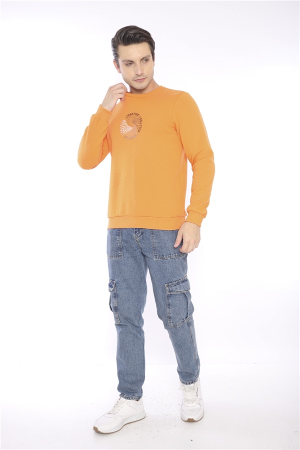 Escetic Orange Erkek Kışlık Slimfit 3 İplik İçi Polarlı Nefes Alabilen Spor Sweatshirt 0939