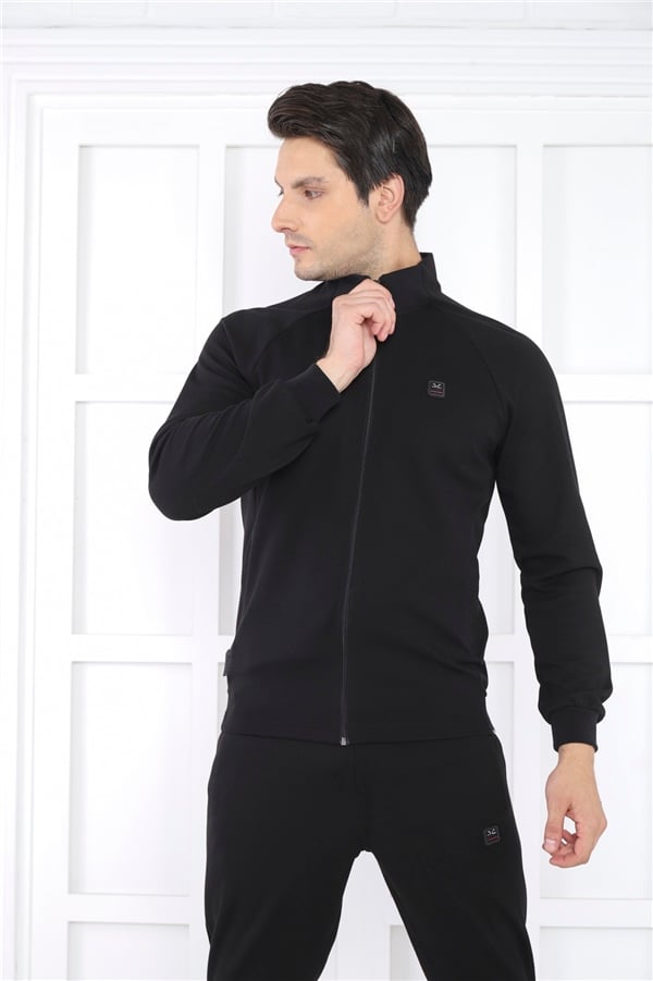 Escetic Siyah Erkek Dik Yaka 4 Mevsim Nefes Alabilen Pamuklu Spor Slimfit Eşofman Takımı 6767