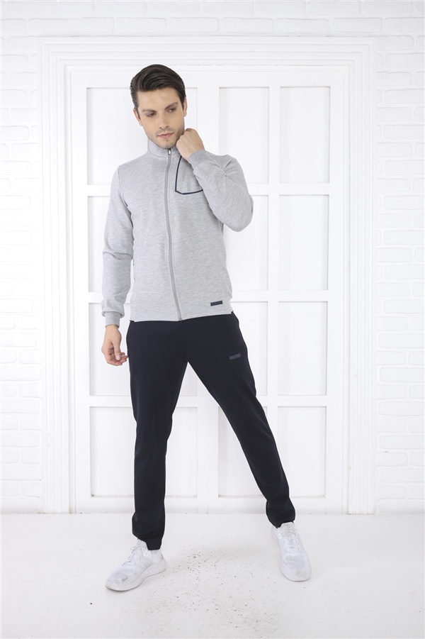 Escetic Gri Erkek Dik Yaka 4 Mevsim Nefes Alabilen Pamuklu Spor Slimfit Eşofman Takımı 6793