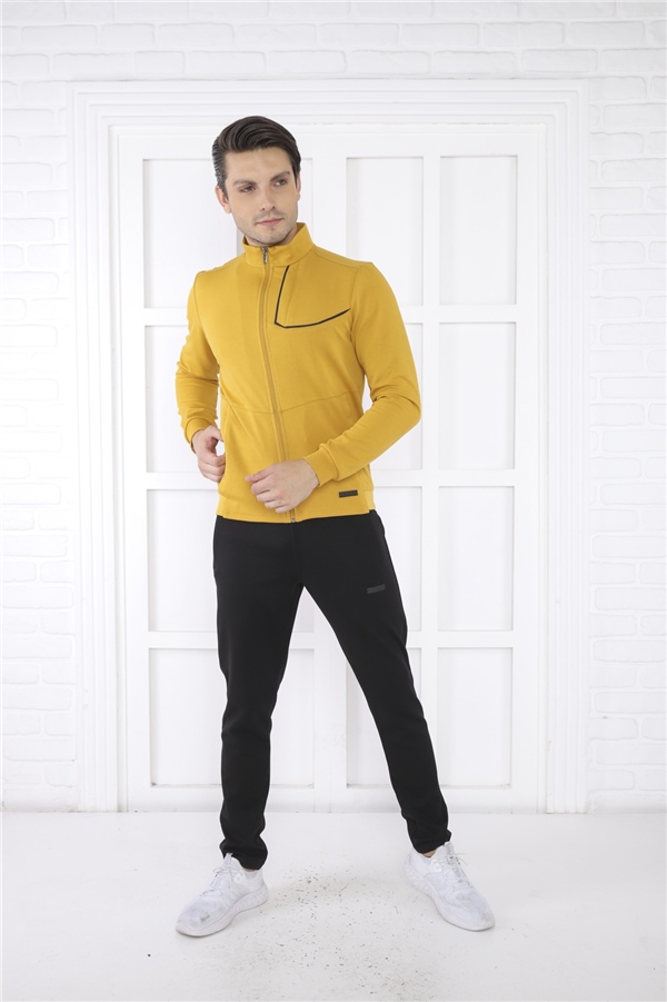 Escetic Hardal Erkek Dik Yaka 4 Mevsim Nefes Alabilen Pamuklu Spor Slimfit Eşofman Takımı 6793