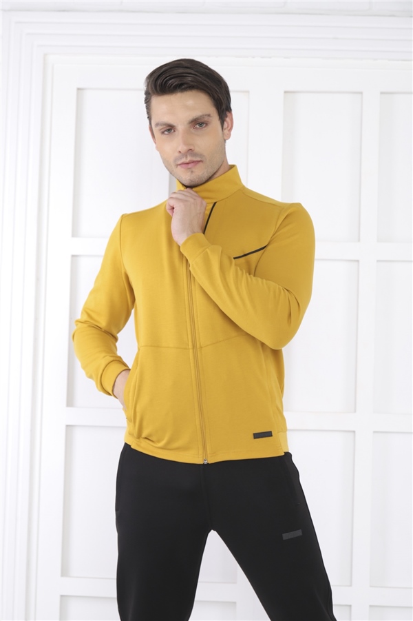 Escetic Hardal Erkek Dik Yaka 4 Mevsim Nefes Alabilen Pamuklu Spor Slimfit Eşofman Takımı 6793