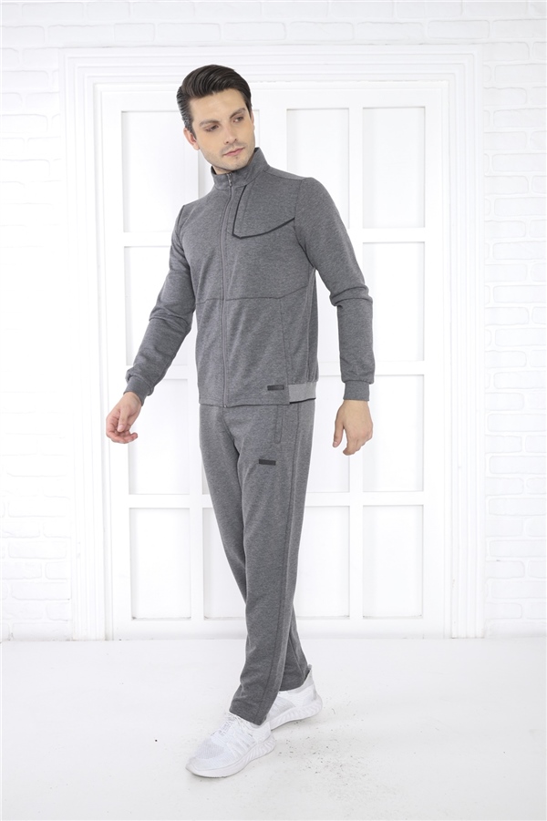 Escetic G3 Melanj Erkek Dik Yaka 4 Mevsim Nefes Alabilen Pamuklu Spor Slimfit Eşofman Takımı 6793