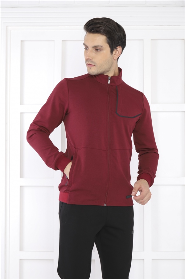 Escetic Bordo Erkek Dik Yaka 4 Mevsim Nefes Alabilen Pamuklu Spor Slimfit Eşofman Takımı 6793