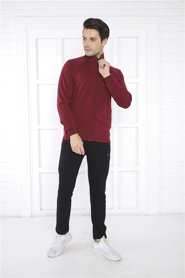 Escetic Bordo Erkek Dik Yaka 4 Mevsim Nefes Alabilen Pamuklu Spor Slimfit Eşofman Takımı 6767