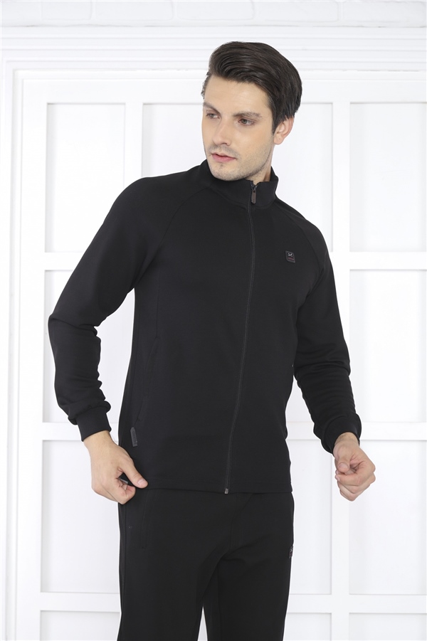 Escetic Siyah Erkek Dik Yaka 4 Mevsim Nefes Alabilen Pamuklu Spor Slimfit Eşofman Takımı 6767