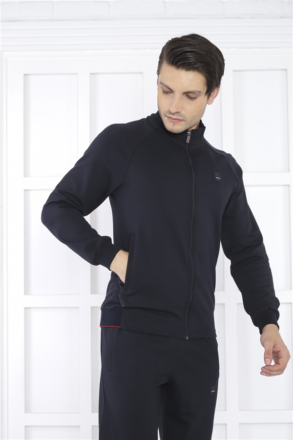 Escetic Lacivert Erkek Dik Yaka 4 Mevsim Nefes Alabilen Pamuklu Spor Slimfit Eşofman Takımı 6767