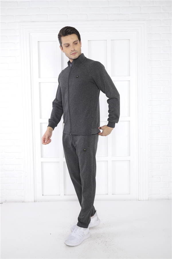 Escetic Antresit Erkek Dik Yaka 4 Mevsim Nefes Alabilen Pamuklu Spor Slimfit Eşofman Takımı 6767