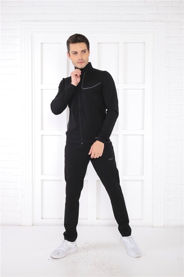 Escetic Siyah Erkek Dik Yaka 4 Mevsim Nefes Alabilen Pamuklu Spor Slimfit Eşofman Takımı 6793