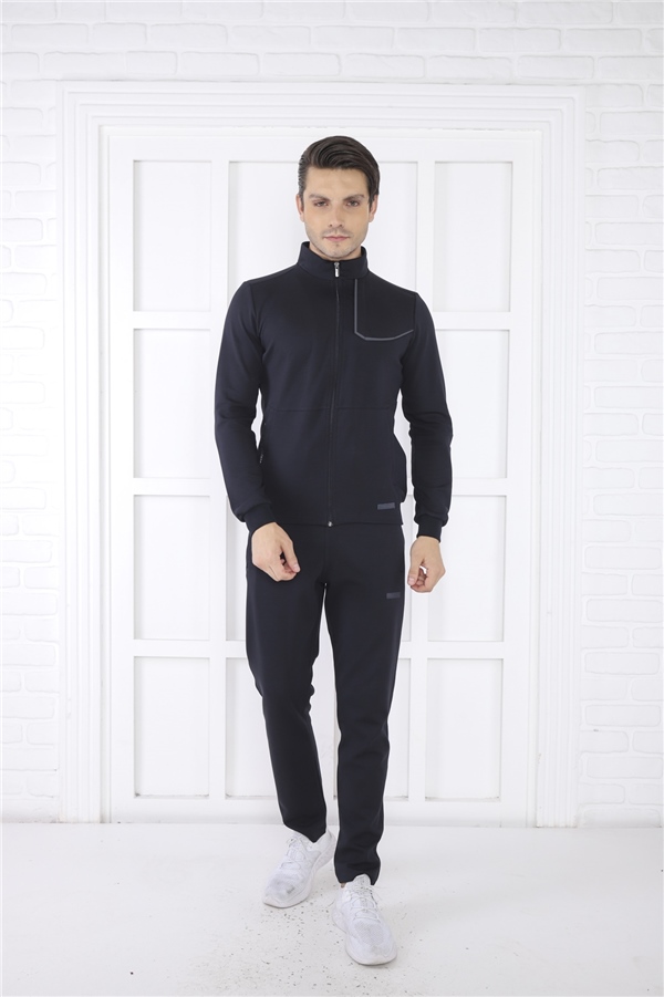 Escetic Lacivert Erkek Dik Yaka 4 Mevsim Nefes Alabilen Pamuklu Spor Slimfit Eşofman Takımı 6793