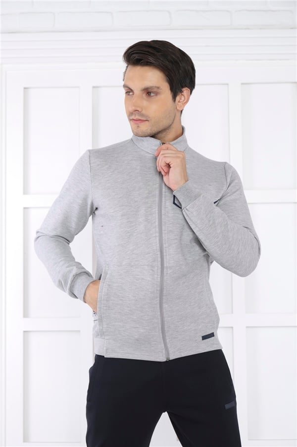 Escetic Gri Erkek Dik Yaka 4 Mevsim Nefes Alabilen Pamuklu Spor Slimfit Eşofman Takımı 6793