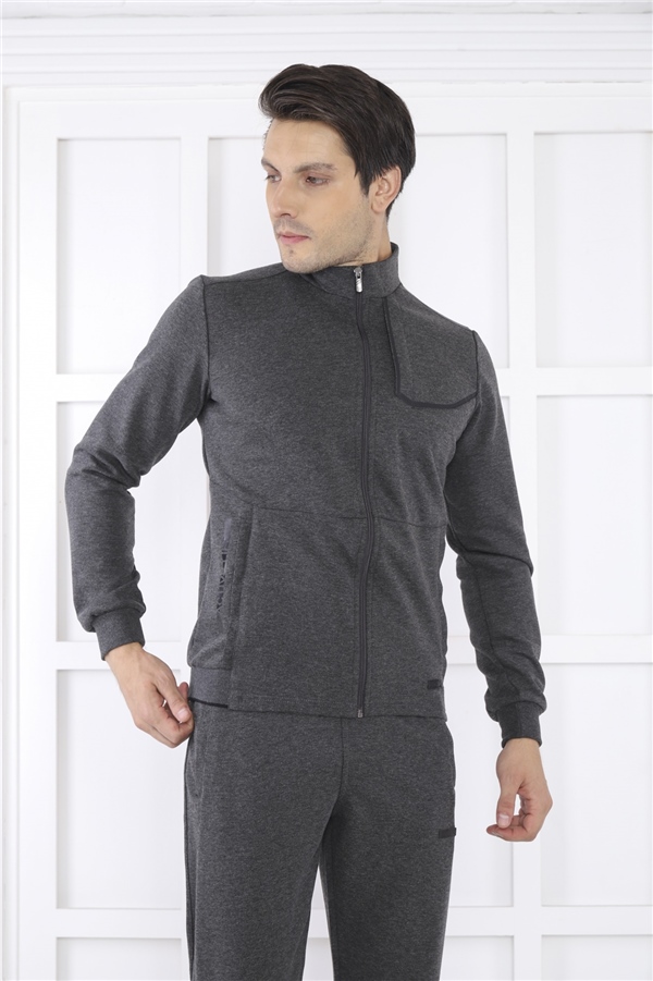 Escetic Antresit Erkek Dik Yaka 4 Mevsim Nefes Alabilen Pamuklu Spor Slimfit Eşofman Takımı 6793