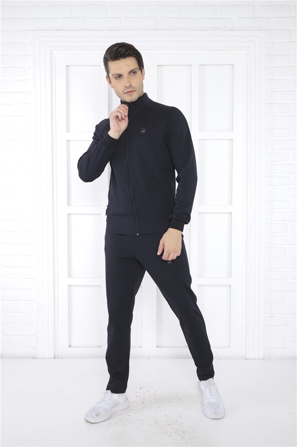 Escetic Lacivert Erkek Dik Yaka 4 Mevsim Nefes Alabilen Pamuklu Spor Slimfit Eşofman Takımı 6767