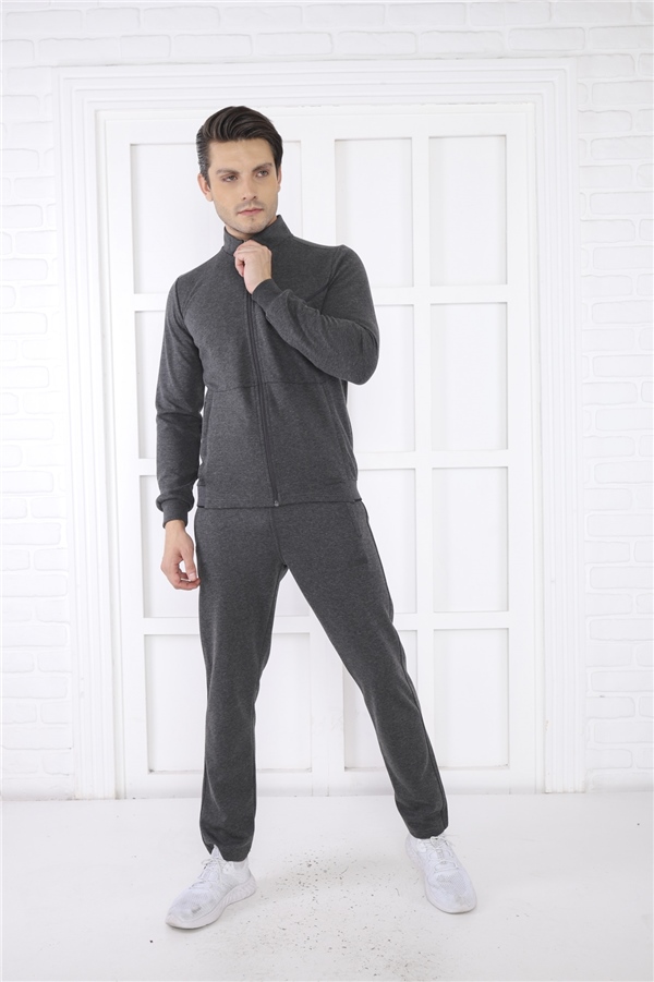 Escetic Antresit Erkek Dik Yaka 4 Mevsim Nefes Alabilen Pamuklu Spor Slimfit Eşofman Takımı 6793