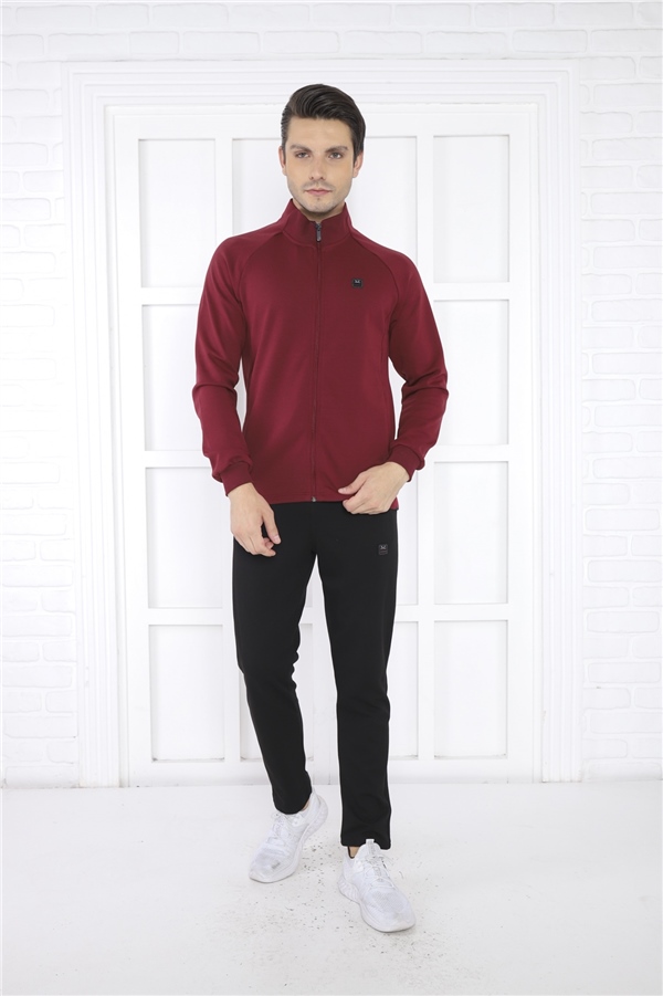 Escetic Bordo Erkek Dik Yaka 4 Mevsim Nefes Alabilen Pamuklu Spor Slimfit Eşofman Takımı 6767