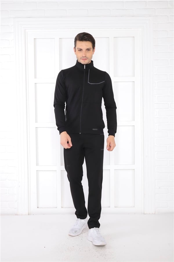 Escetic Siyah Erkek Dik Yaka 4 Mevsim Nefes Alabilen Pamuklu Spor Slimfit Eşofman Takımı 6793